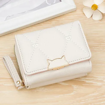 Portafoglio da Donna con Gatto Carino, Minimalista, Multicolore, in Pelle PU, Portamonete a Tre Ante, Porta Carte Premium con Molteplici Scomparti, Borsa Porta Soldi