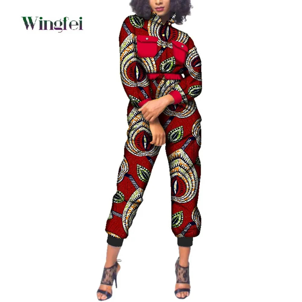 African Clothes for Women Floral Print Long Sleeve Jumpsuit Causal African Women Boubou Lady Dashiki Elegant Jumpsuit WY223 women letter print loose off shoulder short sleeve wide leg jumpsuit summer lady loose pocket streetwear casual beach workwear