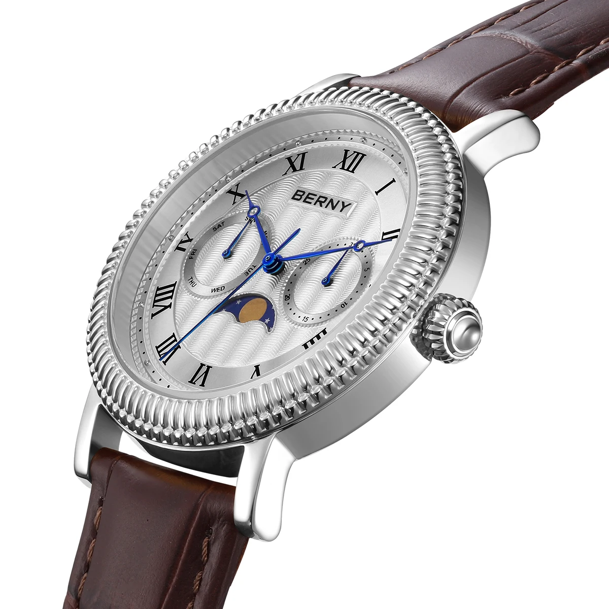 BERNY Orologio Uomo Al Quarzo Con Fase Lunare - Vetro Zaffiro - Cinturino In Pelle - Impermeabile 3ATM - 4