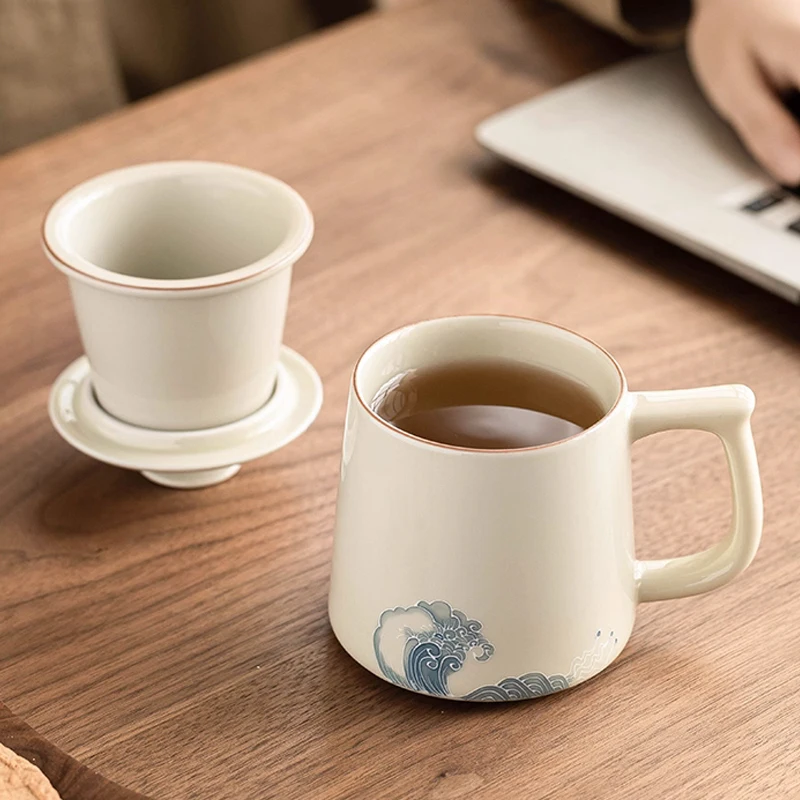 Chinese Style Ceramic Mugs, Home Personal Office Creative Teacup With Cover, Filtered Tea Water Separation, Tea Cups, 350ml, 1Pc