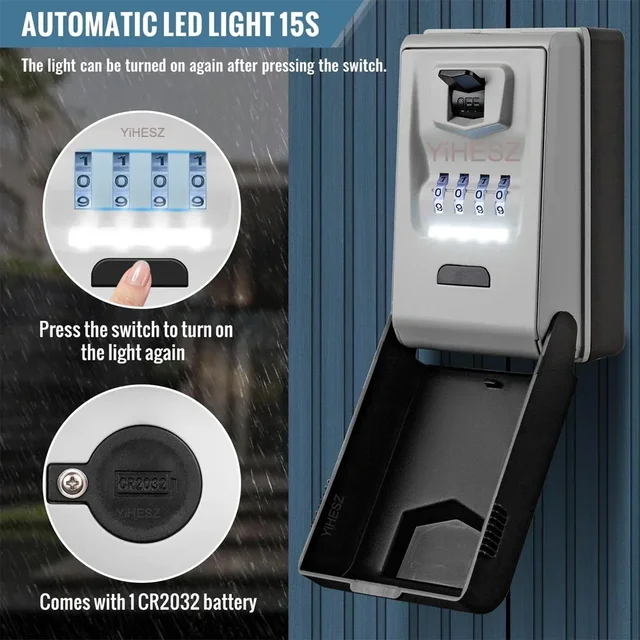 Dialing Wheel Password Key Lock Box Security Key Safe Waterproof Outdoor Mini Safes Small Lock Box Built-in LED Light For Night 2