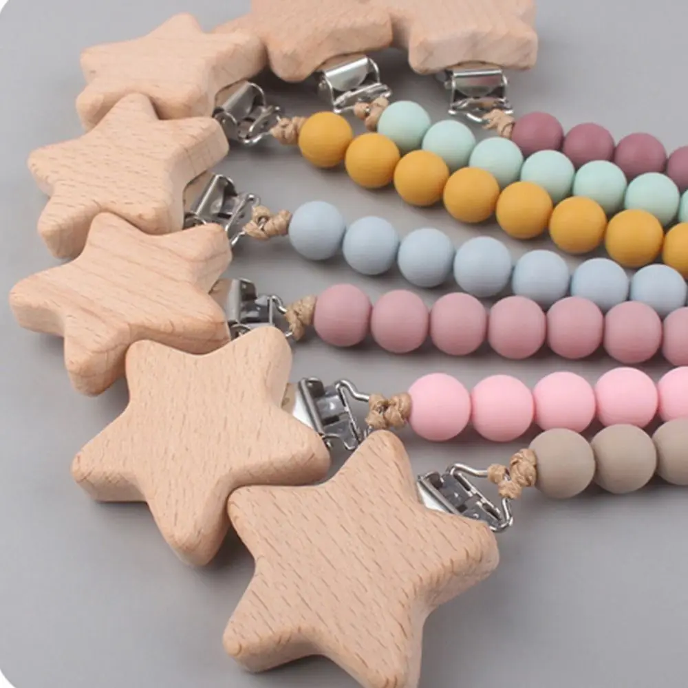Holder Leash Safety Silicone Star Anti-drop Wooden Food Grade Baby Pacifier Chain Pacifier Clips Chains Molar Chain Lanyard