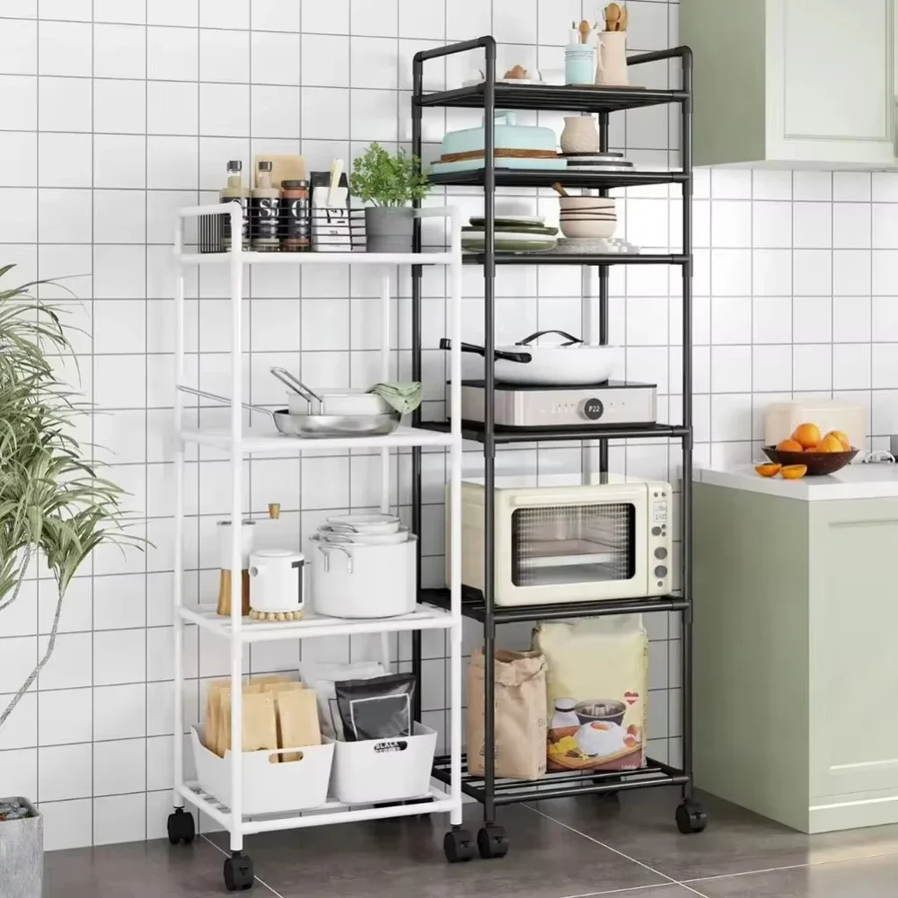 6 Layer Floor Standing Kitchen Storage Shelf With Pulley Kitchen Household Shelf Multi-functional Bathroom Microwave Rack