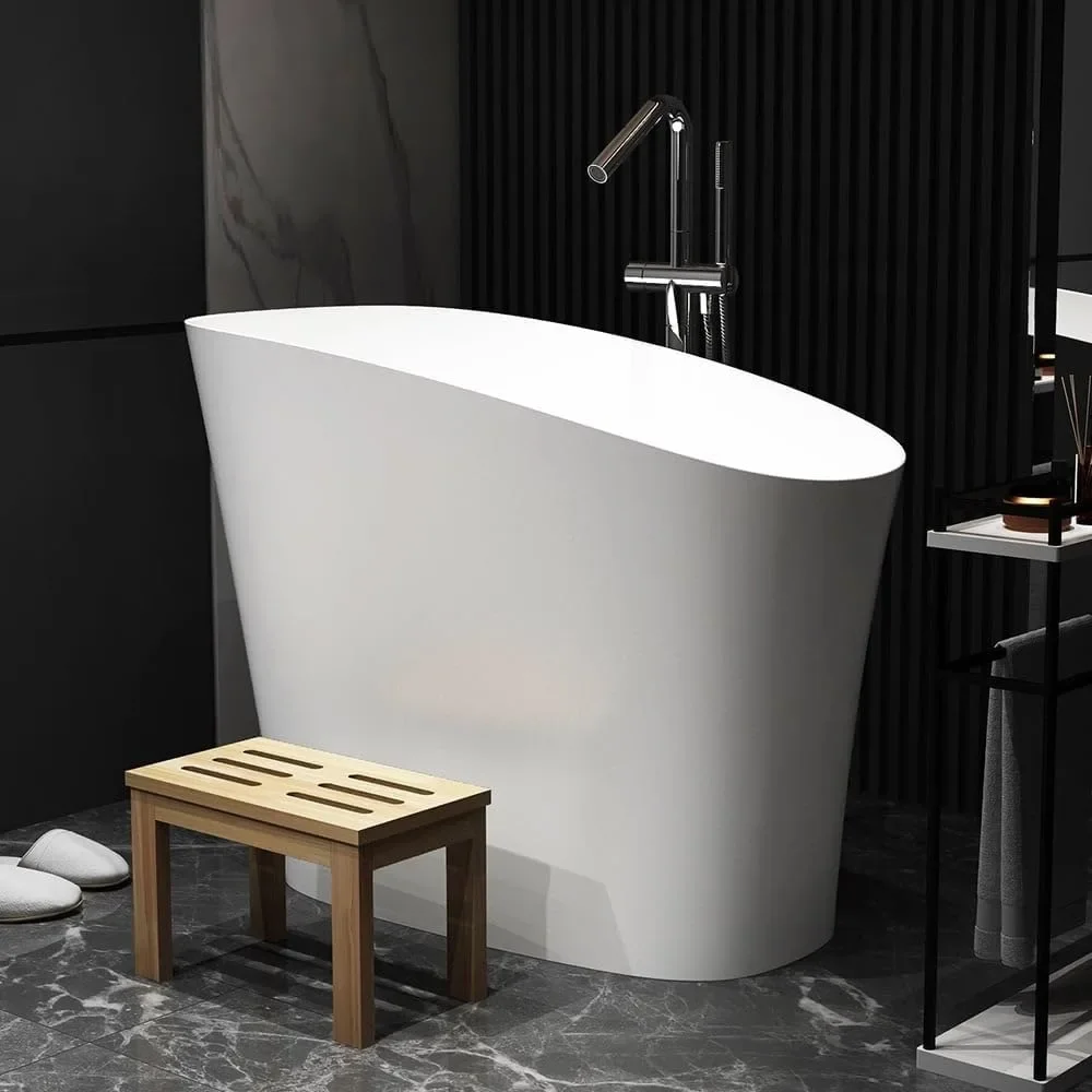 Japanese Soaking Bathtub 47'' Oblique Freestanding Tub Stone Resin Deep Soaking Bathtub in Matte White 2