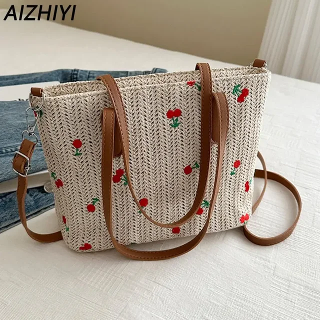 Cherry Straw Woven Tote - Multi-Way Raffia Summer Shopper Bag