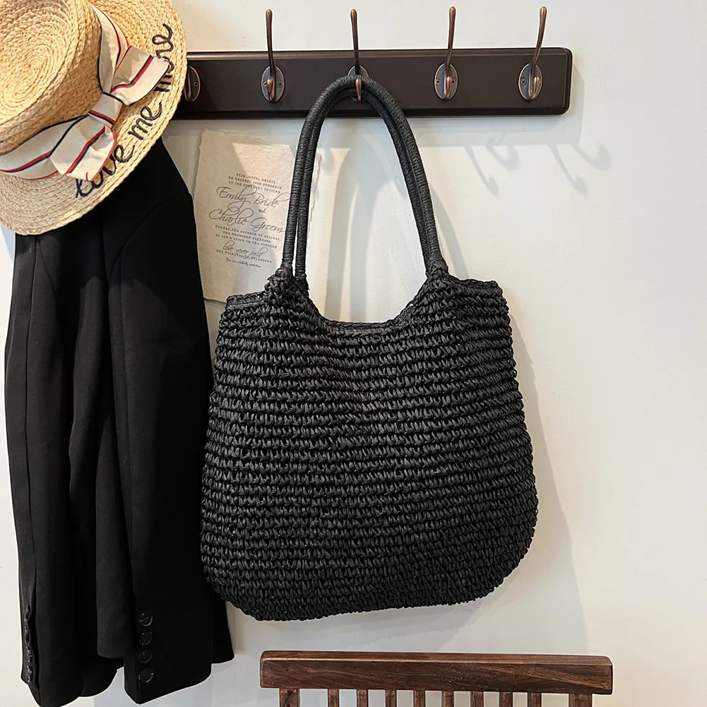 Women Straw Tote Handbag Large Capacity Vintage Shoulder Bag Solid Color Crochet Beach Handbag Ladies Summer Daily Bag