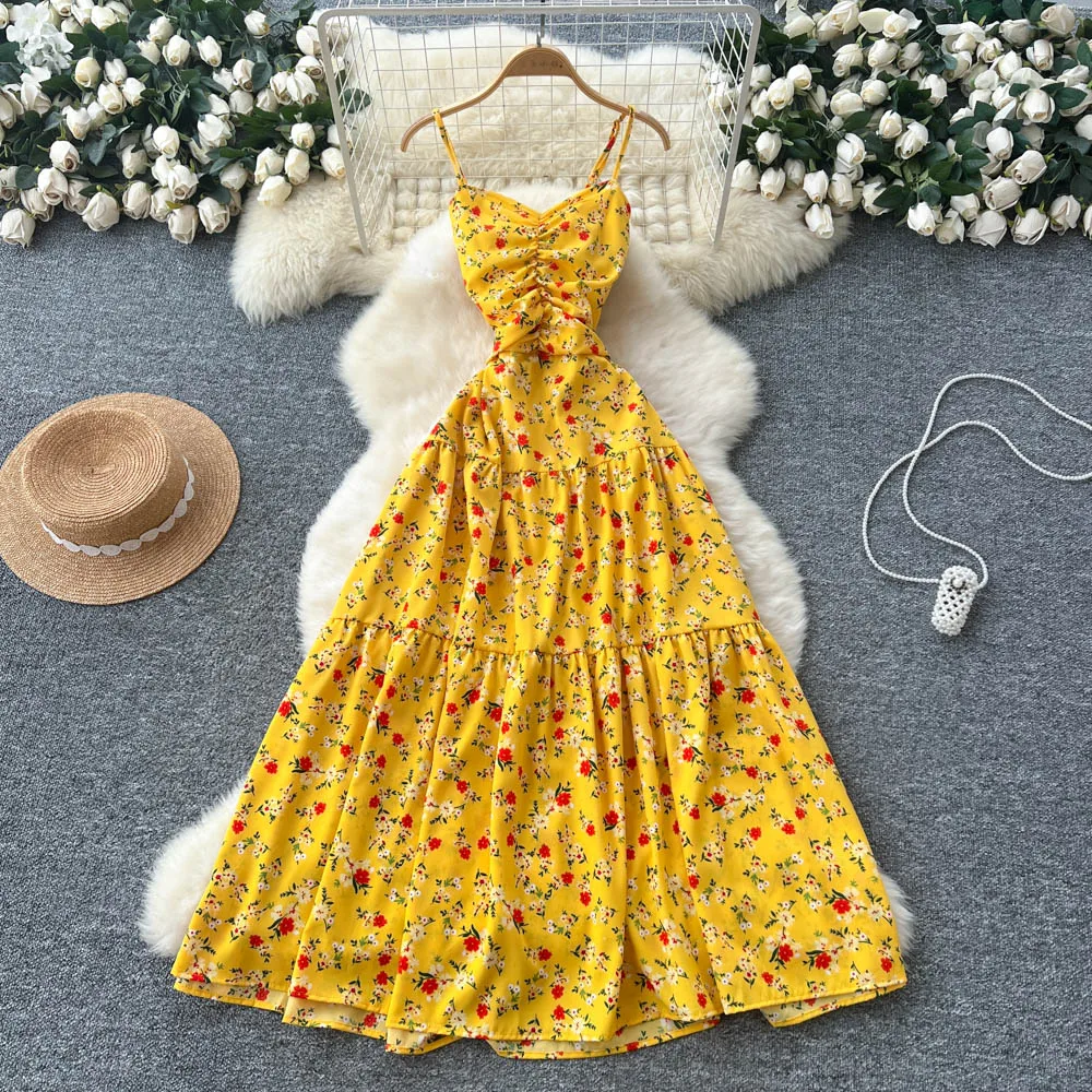 Chic Elegant vintage slim pleated print sleeveless Vacation fairycore Party  Women Summer dresses - AliExpress 200000345