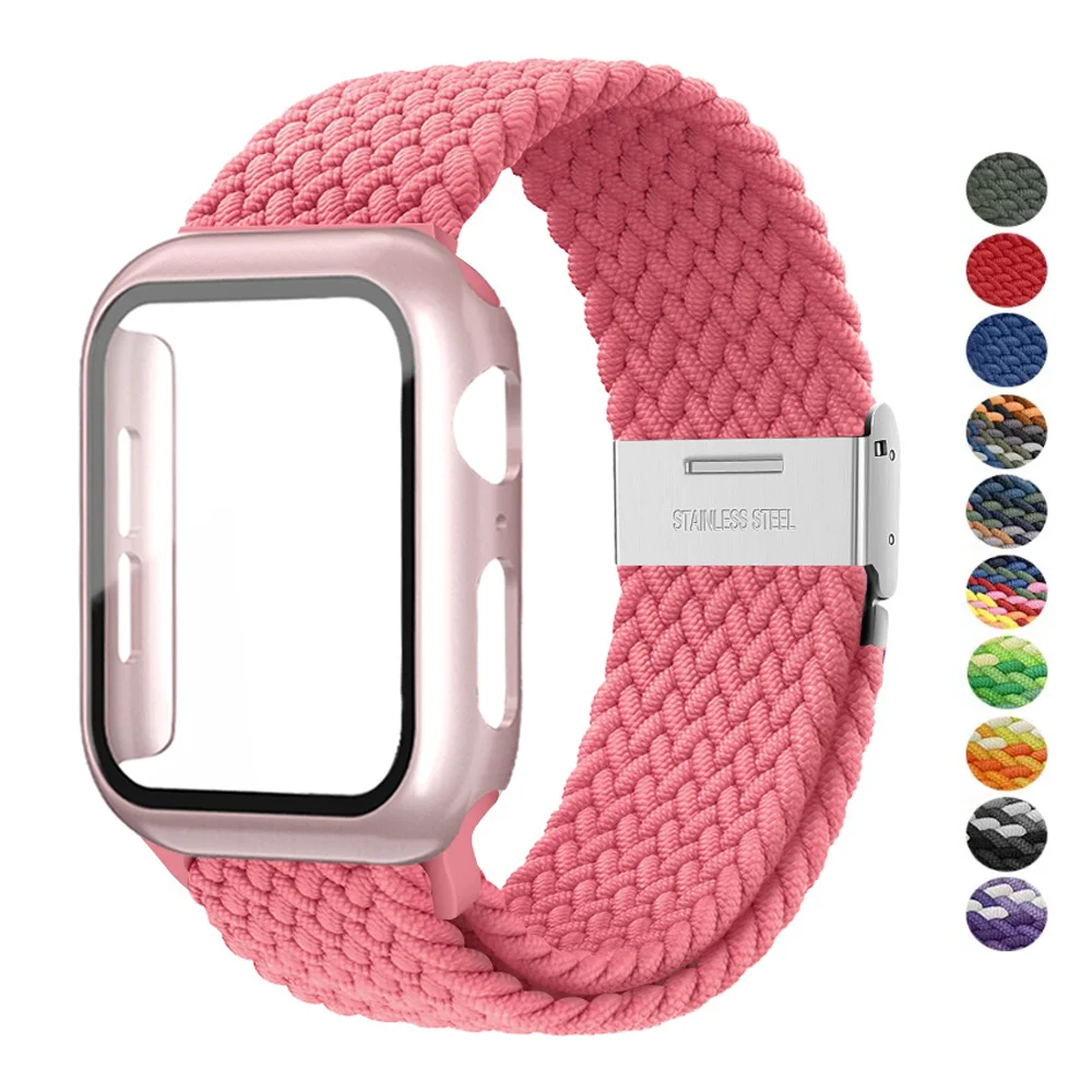 

Чехол и ремешок для Apple Watch 44 мм 40 мм 45 мм 41 мм 42 мм 38 мм, нейлоновый Эластичный Плетеный соло-браслет iWatch Series 7 se 6 5 4