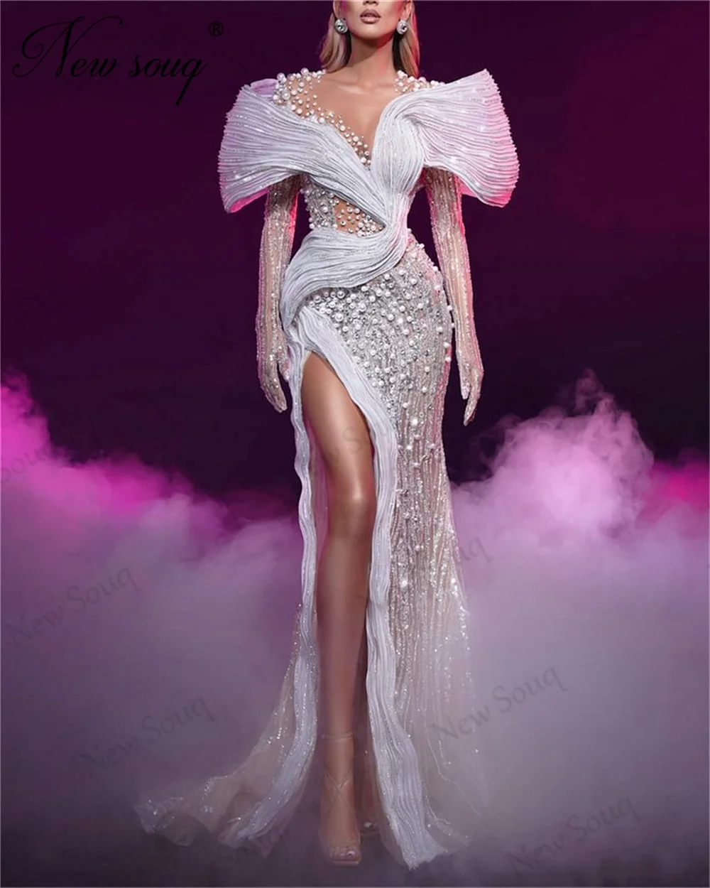 

Элегантные вечерние платья с жемчугом, платье в арабском стиле Дубая с открытыми плечами, Женское Обручальное платье с разрезом сбоку