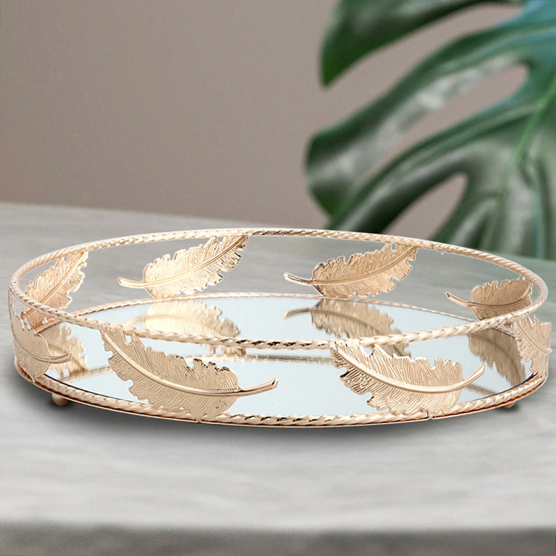 PEANDIM Minimalist Round Mirror Tray Desktop Cosmetics Jewelry Storage Tray Wedding Party Display Living Room Household Dessert 5