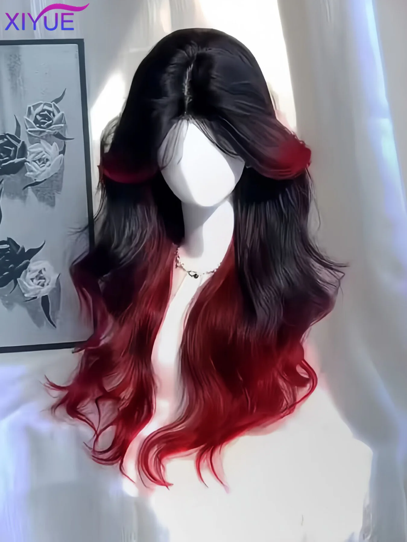 Black Ombre Red Layered Wig Synthetic Long Wavy Women Fluffy Lolita Style Cosplay Wig Middle Part for Daily Party