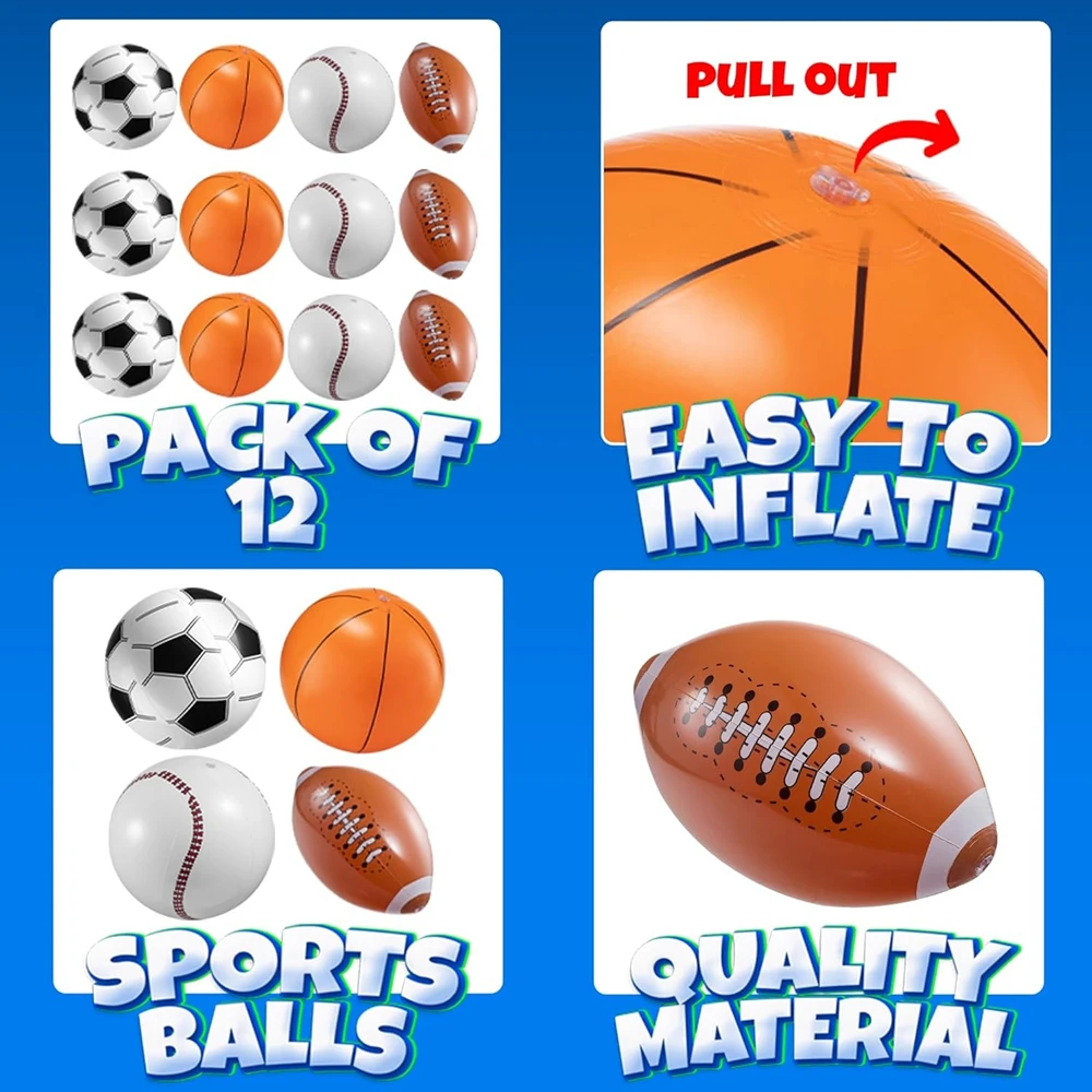 16" Inflatable Sports Beach Balls-Basketball Baseball Football Soccer for Themed Parties, Pool Toys Birthday Party Favors