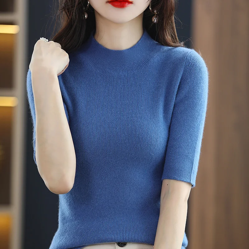 여성용 하프 터틀넥 캐시미어 스웨터, 풀오버 반팔 스웨터, 신상