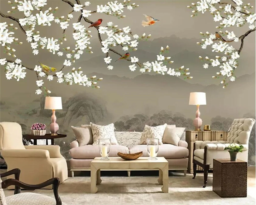 

beibehang Custom modern Chinese hand-painted magnolia flower and bird living room TV background wall mural papier peint