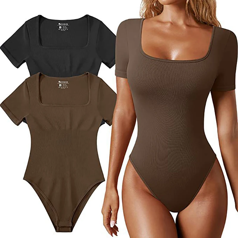 Square Neck Short Sleeve Shapewear Solid Color Design Simplicity Sexy Fashion Versatile High Waisted Women One Piece Shapewear