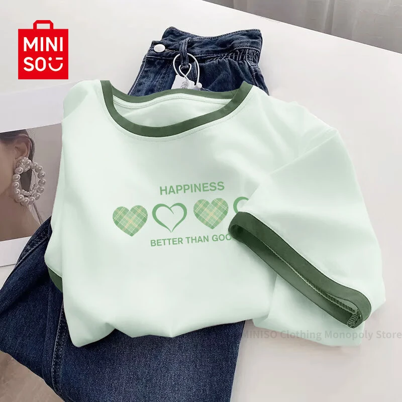 

MINISO Short sleeved t-shirt for women's summer 2024 trend contrasting loose top, small stature mint green manbo style dressing
