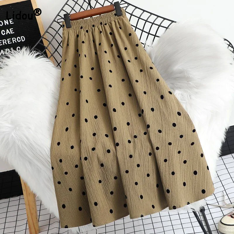 

Korean Elastic High Waist Polka Dot Skirt Women's Clothing All-match Fashion Loose A-Line Pleated Summer Casual Midi Skirt