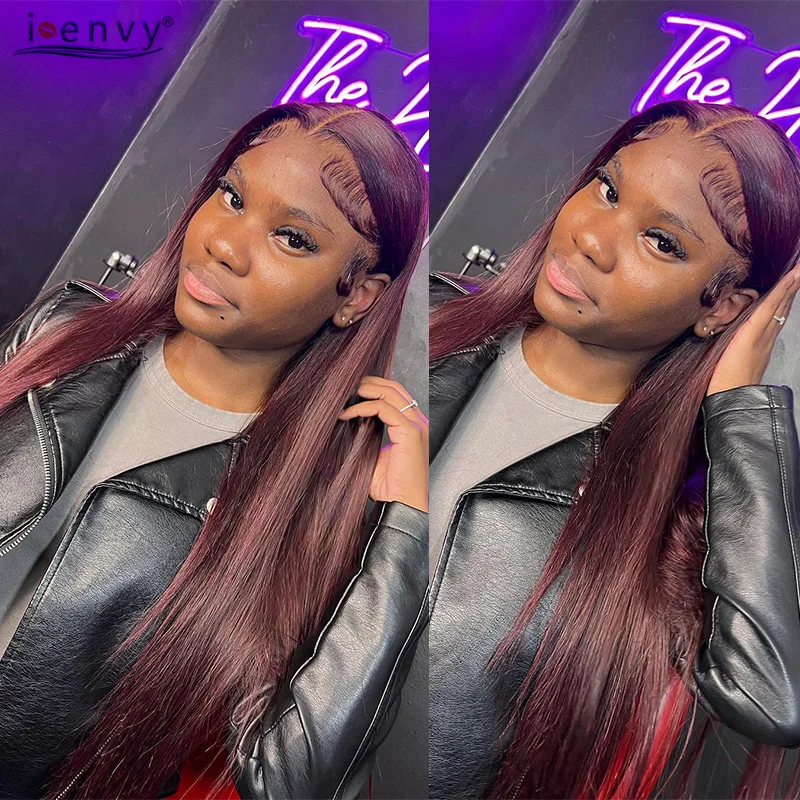 99J 버건디 스트레이트 13x4 HD 레이스 프론탈 인모 가발 레드 13x6 레이스 프론트 인모 가발 브라질 컬러 가발 프리 플러킹 처리됨