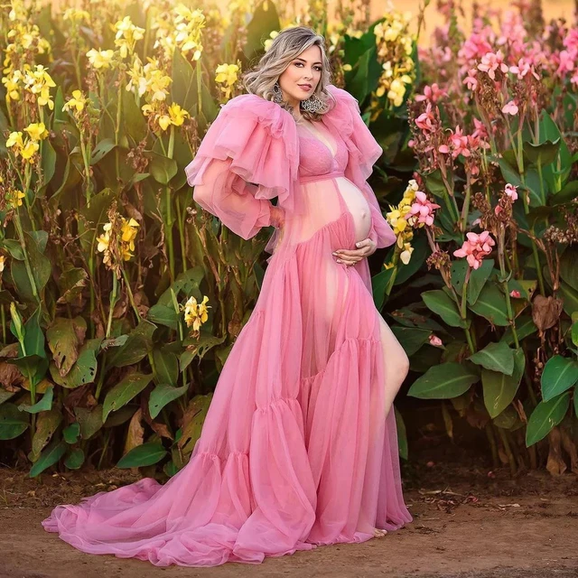 Pink Maternity Robes for Photoshoot Off Shoulder Tulle Tiered Ruffles A  Line Pregnant Women Gowns Front Split Maternity Dresses - AliExpress