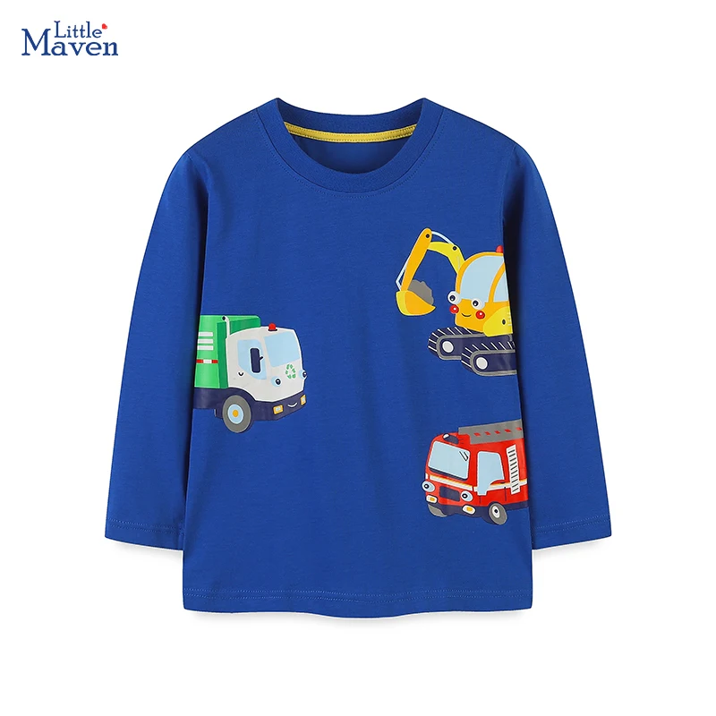 Kleine Maven Nieuw Ontwerp Jongens Tops Herfstkleding Voor Kinderkleding Kinderen Cartoon Graafmachines Lange Mouwen Blauw T-Shirt Katoen