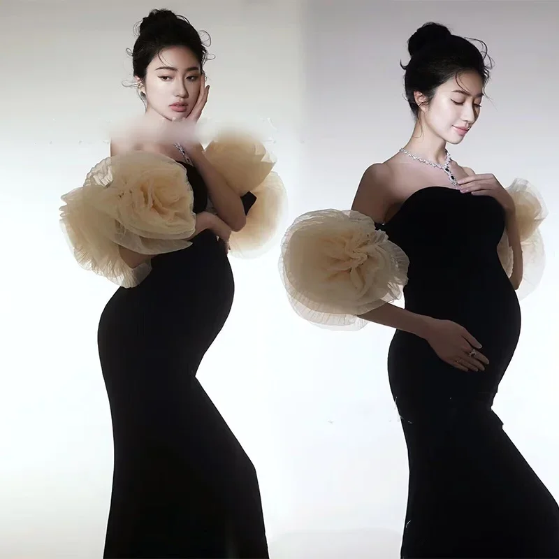 

Реквизит для фотосъемки женщин платья для беременных черные элегантные с цветочным рукавом платье для беременных студийная одежда для фотосъемки
