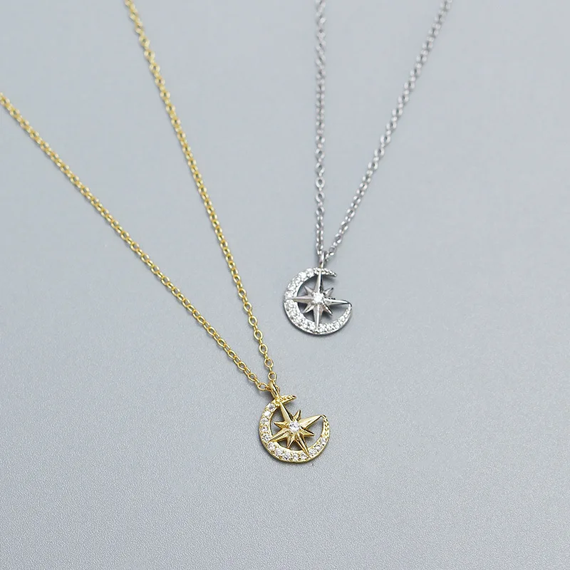 

100% 925 Sterling Silver Zircon Moon Necklace for Women Girl Fashion Geometric Star Design Jewelry Party Gift Dropshipping