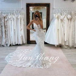 Yunshang Elegant Mermaid Wedding Dresses Women Lace V-Neck Open Back Spaghetti Straps Bridal Gowns Sweep Train Vestidos De Novia