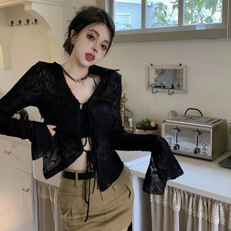 

Hotsweet Black See Through Cardigans Women Summer New Slim Fit Thin Flare Sleeve Lace Up Cardigan Tops Mujer