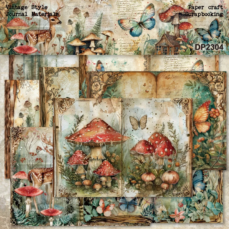 KLJUYP 8sheets A5 Size Mushroom Forest Scrapbooking patterned paper Fancy Card Pack Light weight Craft Paper Card 2304