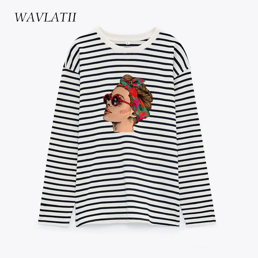 

WAVLATII женские новые белые черные полосатые футболки с длинным рукавом женские модные повседневные хлопковые футболки с принтом женские осенние топы WLT2202