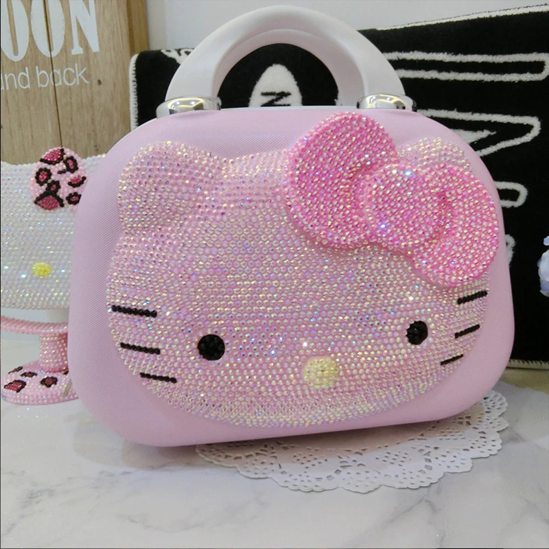 

Косметика Hello Kitty, 14 дюймов, милый чемодан с рисунком из искусственной кожи аниме, большая емкость с замком, сумка для хранения для девушек, высококачественный подарок для путешествий