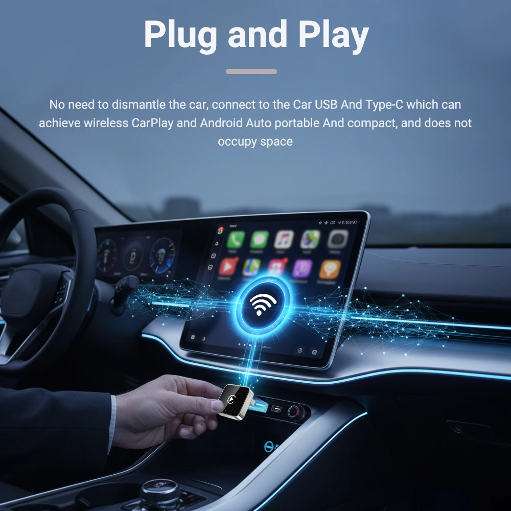 Wireless CarPlay & Android Auto Adapter - Smart Mini Plug & Play Universal USB Dongle
