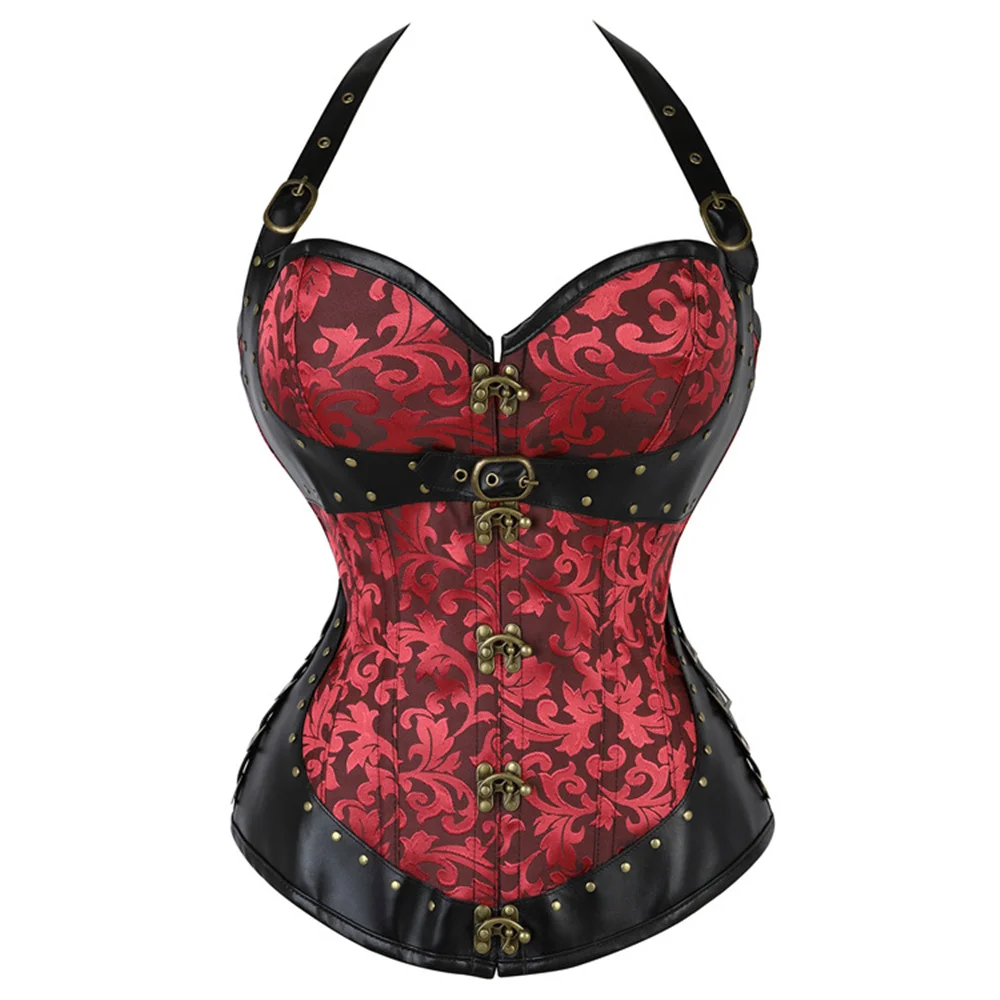 

Women Gothic Steel Boned Halter Bustiers And Corset Tops Vintage Steampunk Sexy Body Shaper Overbust Corset Brown Red