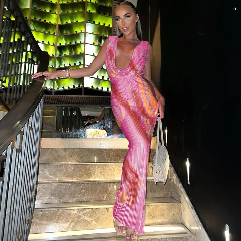 

Printed Sleeveless Dress For Women Fashion Sexy Open Back Slim Fit Tank Maxi Dresses