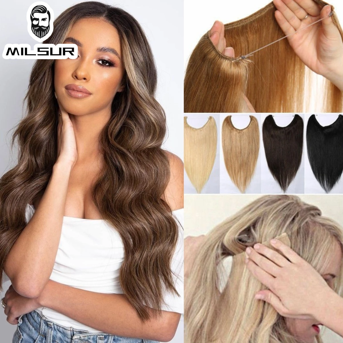 

Clip Hair Extension Ombre Fish Line Human Hair Extension Natural Remy Hair Straight Hairpiece Blonde For Women 12-26 Inches