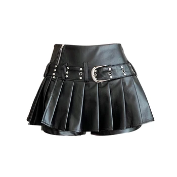 Women's Black Gothic A-line Pleated Leather Skirt Y2k Mini Shorts Skirts Harajuku Korean Emo Skirt 2000s Vintage Clothes Summer 1