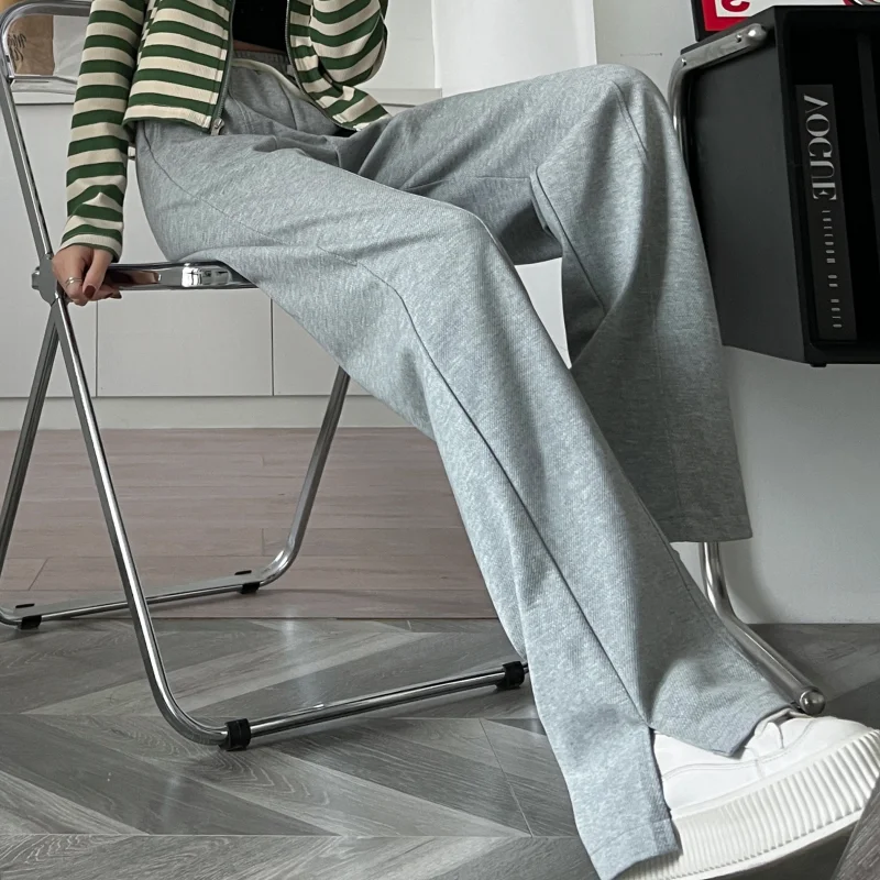 

Grey Sports Pants Solid Drawstring Elastic Waist Women's Pants Vintage Straight Slim Fit Fashion 2023 Summer Wide Leg Trouser