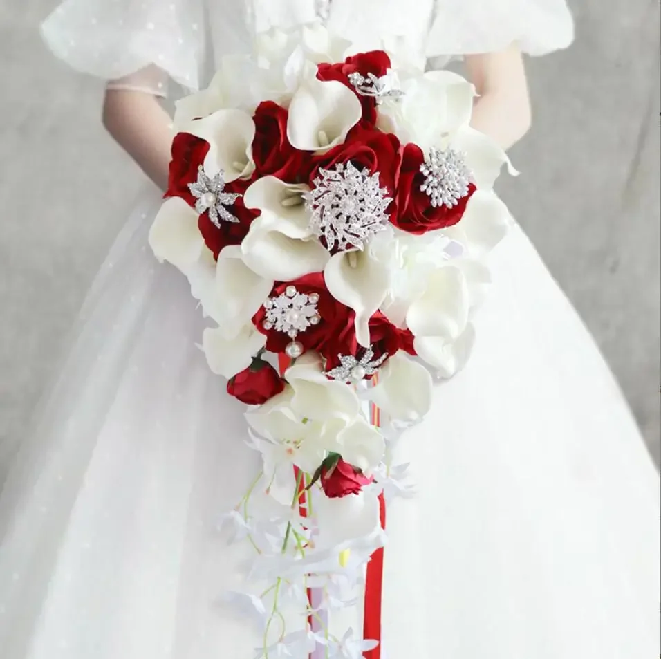 Royal White Wedding Bouquet Waterfall Artificial Flowers White Bridal Pearl Bride Bouquet Fleur Mariage