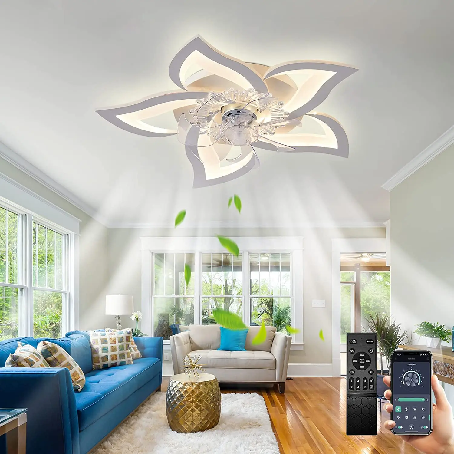 CeilingFanwithLightsLEDFanLampFlowerShapeBedroomCeilingLampRemoteControlDimmable