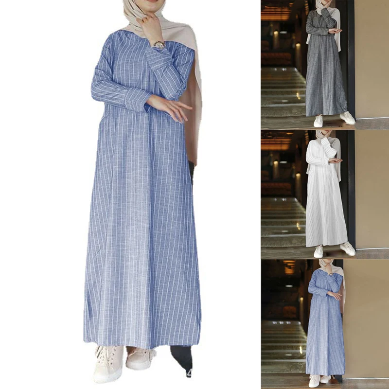 New Female Muslim Long-sleeved Robe Cotton and Linen Striped Round Tie Pocket Long Skirt Casual Loose Street Women's Dress