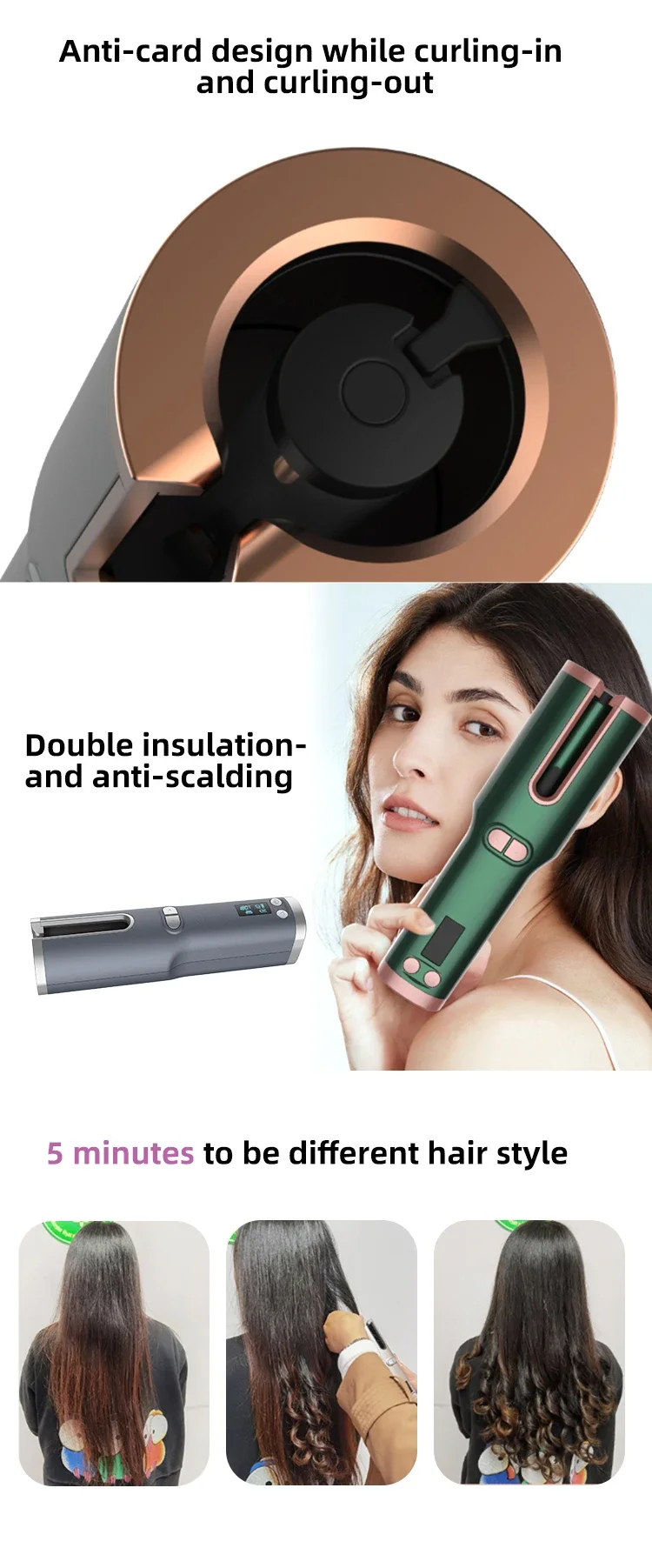 Description Picture 6 of itemHair Curling IronProfessional Wholesale USB Charging LCD Display Hair Culer Automatic Rotating Crimping Iron