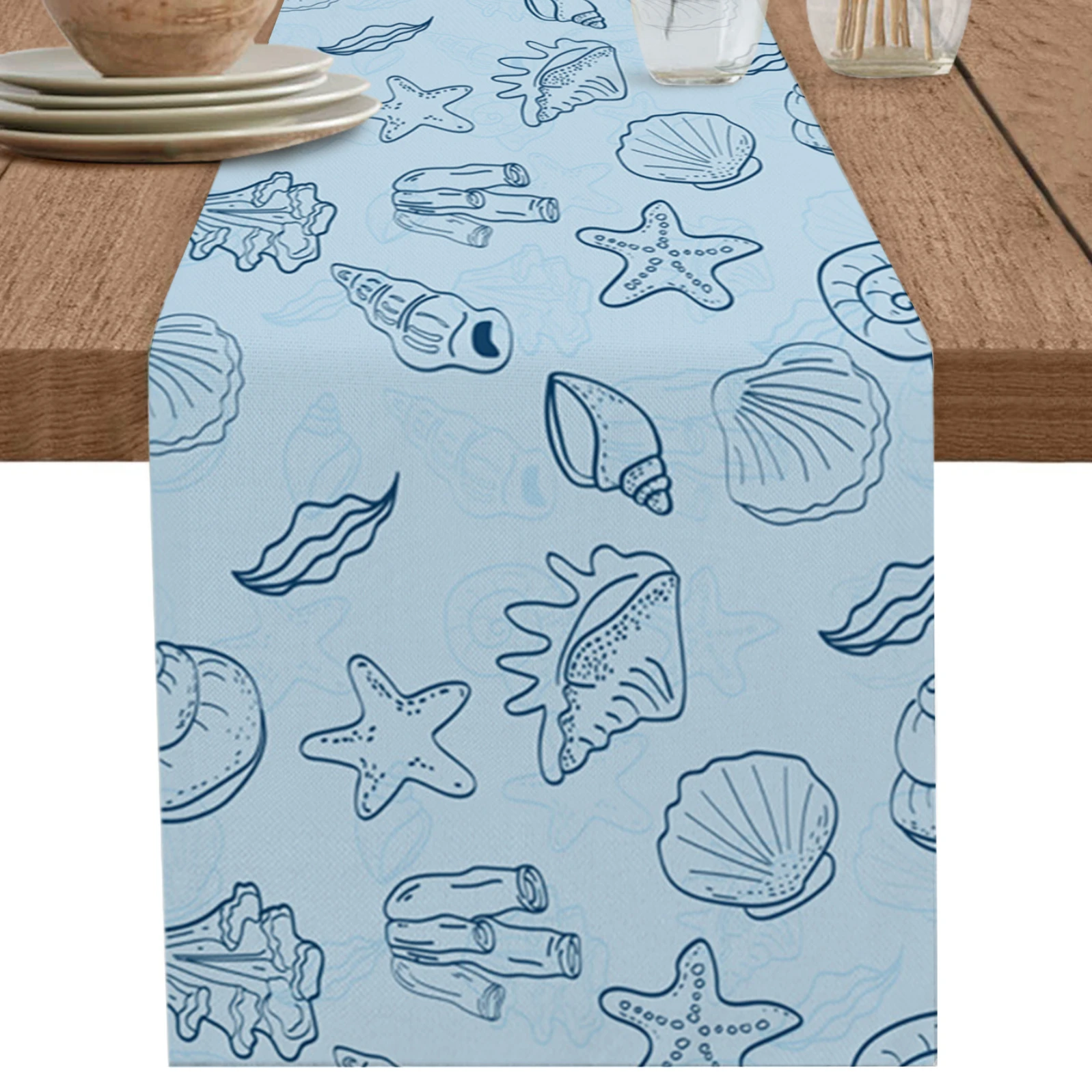 

Blue Ocean Shell Print Table Runner Linen Stain Resistant Table Runner Party Wedding Decor Kitchen Coffee Table Table Decoration