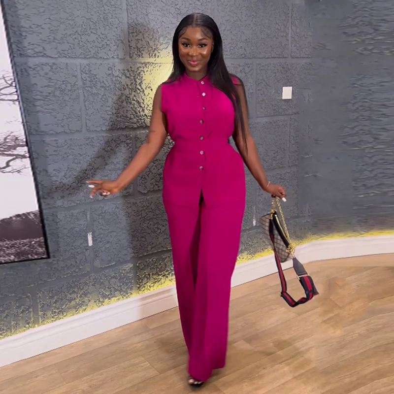 Women's Sleeveless Lace Up Top and Wide Leg Pants Set, Summer Fashion, Casual, African, Button