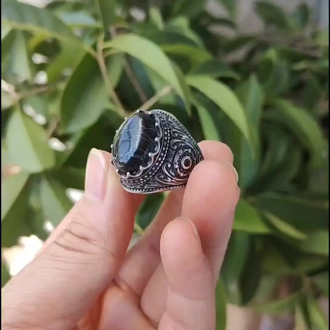 Vintage Handmade Turkish Black Zircon Rings Retro Men