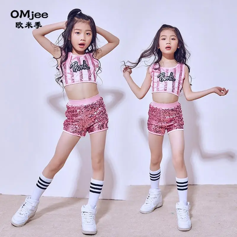 

2022 New Kids Girls Pink Sequin Crop Top Shorts Dancewear Costume Hip Hop Modern Jazz Dance Stage Performance Wear 4-14 Years