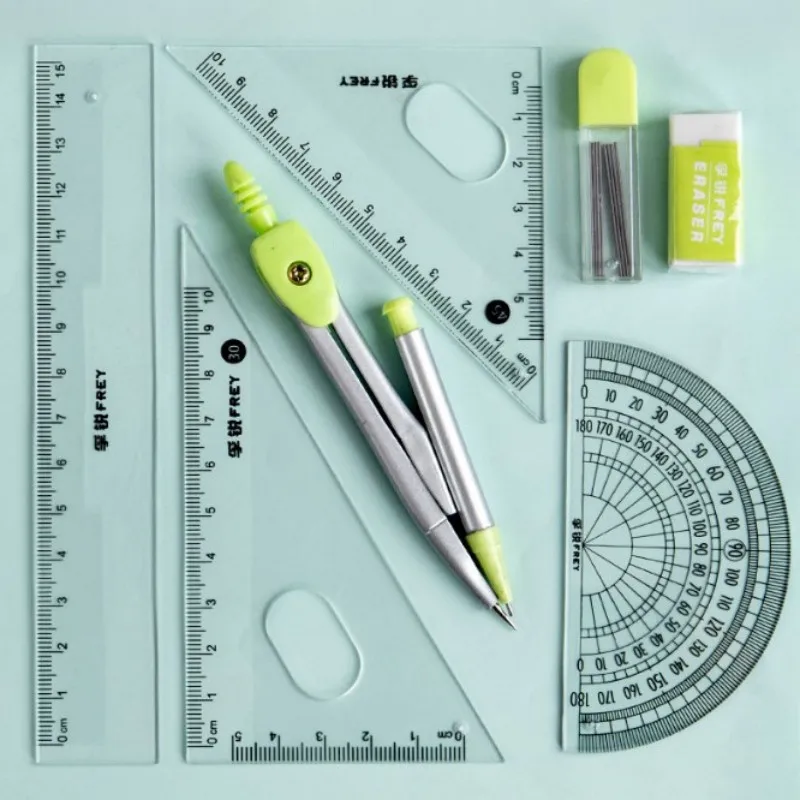 Compasses Ruler Set Student Exam Specific Ruler With Metal Pencil Case School Stationery Compass Drawing Tools 7pcs/Set