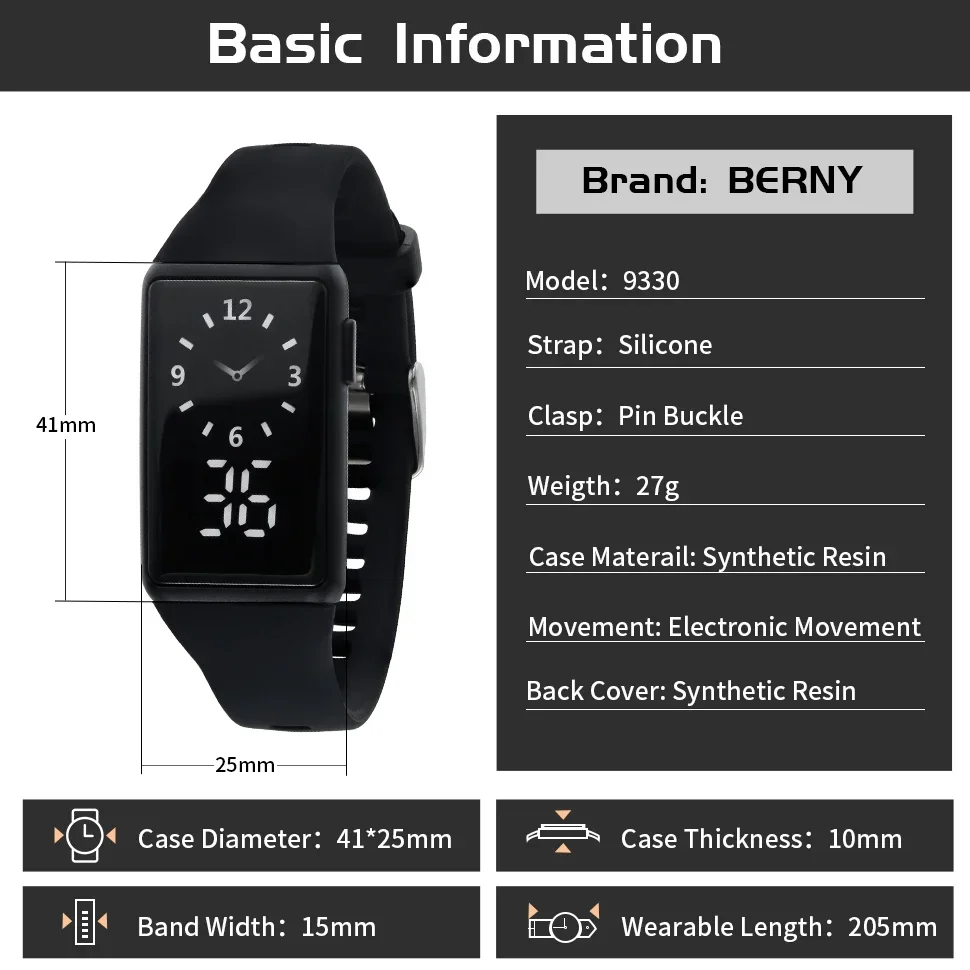 BERNY Men's Watches Sports Electronic Watch for Men Simple Digital LED Calendar Soft Silicone Waterproof Student Wristwatch 4