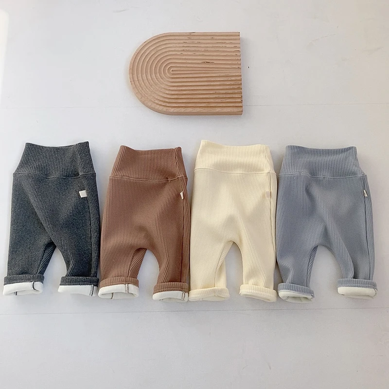 Baby Thermal Fleece Trousers High Waist Solid Color Pants