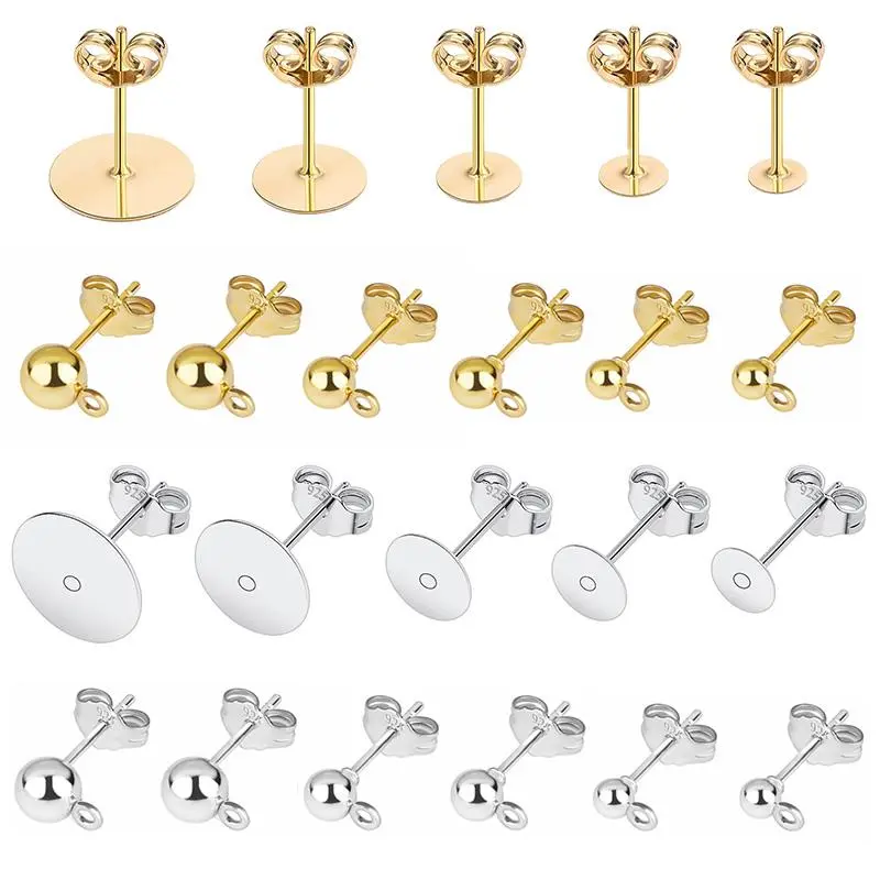 50pcs/lot 925 Silver Plated Blank Post Earring Studs Base Pin With Earring Plug Findings Ear Back DIY Jewelry Making Accessories