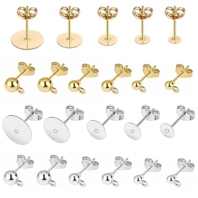 50pcs/lot 925 Silver Plated Blank Post Earring Studs Base Pin With Earring  Plug Findings Ear Back DIY Jewelry Making Accessories